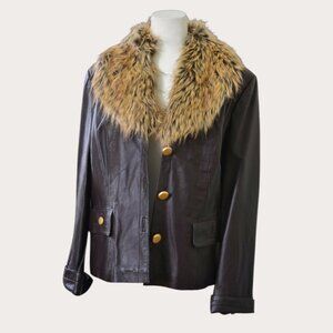 Vintage Terry Lewis Dark Brown Leather Jacket – Removable Fur Collar | Petite